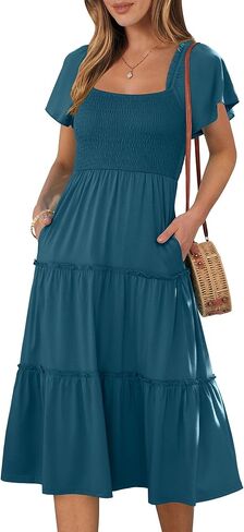 ANRABESS Women Summer Casual Square Neck Flutter Sleeve Boho Smocked A-Line Flowy Tiered Modest Midi Sun Dress with Pockets in Saudi Arabia