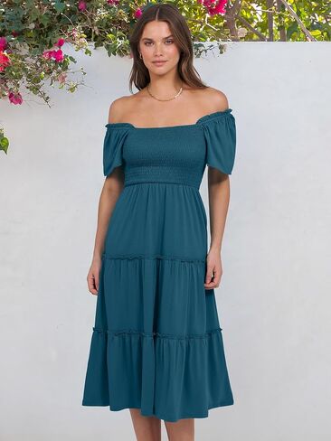 ANRABESS Women Summer Casual Square Neck Flutter Sleeve Boho Smocked A-Line Flowy Tiered Modest Midi Sun Dress with Pockets in Saudi Arabia