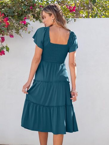 ANRABESS Women Summer Casual Square Neck Flutter Sleeve Boho Smocked A-Line Flowy Tiered Modest Midi Sun Dress with Pockets in Saudi Arabia