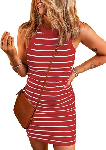 Acelitt Womens Ladies Summer Dresses Striped Print Halter Neck Bodycon Short Mini Tank Dress in Kuwait