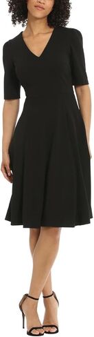 Donna Morgan Women's Dresses Stretch Crepe Elbow Sleeve V-Neck Fit and Flare Midi Dress in Kuwait