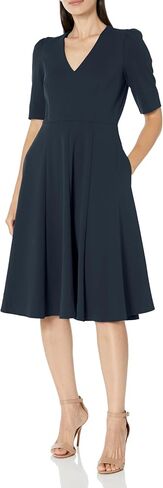 Donna Morgan Women's Dresses Stretch Crepe Elbow Sleeve V-Neck Fit and Flare Midi Dress in Saudi Arabia