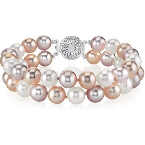 The Pearl Source Sterling Silver AAA Quality Round Multicolor Freshwater Cultured Pearl Double Strand Bracelet for Women