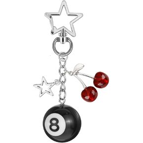 8 Ball Keychain，Cherry Keychain with Stars, Eight Ball Keychain Pool Ball Keychain with Star Keyring Holder for Bag, Handbags, Purse, Backpack, Creative Key Chain Jewelry Gift for Women/Men