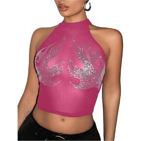 WDIRARA Women's Flame Pattern See Through Crop Top Rhinestone Hot Drilling Mesh Halterneck Perspective Tank Top