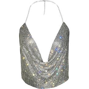Women Sexy Sparkly Halter Neck Rhinestone Crop Top Deep V Tank Top Backless Body Chain Dance Festival Rave Club Outfits