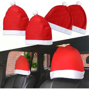 Fogfar 4 PCS Car Christmas Seat Headrest Covers, Santa Hat Car Seat Headrest Covers, Cute Car Decoration Interior Accessories, Suitable for Most Car (Red)