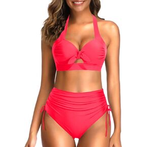 Holipick Women Two Piece Retro Swimsuit High Waisted Bikini Full Coverage Halter Bathing Suit with Tummy Control Bottom