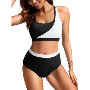 Kate Kasin Women High Waisted Bikini Set Color Block Swimsuits 2 Piece Sporty Tummy Control Bathing Suits