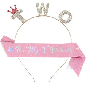 2nd Birthday Tiara Crystal Crown Sash Set,Pink IT'S MY BIRTHDAY Sash,'TWO' Rhinestone Birthday Headband Decorations for Girls,Birthday Gift for 2Year Old Girl (Gold-White)