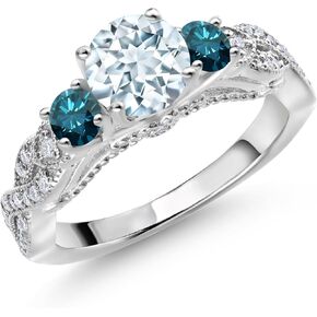 Gem Stone King 925 Sterling Silver Sky Blue Aquamarine Blue Diamond and White Moissanite Engagement Ring For Women (1.22 Cttw, Gemstone March Birthstone, Round 6MM and 3MM)