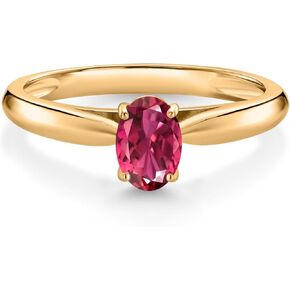 Gem Stone King 0.48 Ct Oval Pink Tourmaline 10K Yellow Gold Solitaire Engagement Ring