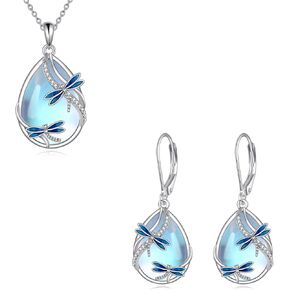 KQF أقراط اليعسوب قلادة للنساء من الفضة الاسترليني مجوهرات اليعسوب Moonstone أقراط قلادة هدايا للنساء المراهقات
