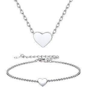 ChicSilver 925 Sterling Silver Small Dainty Heart Necklace and Bracelet Set for Women Girls