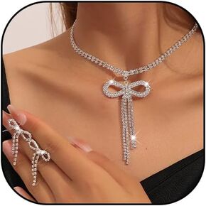 Dcfywl731 Bow Necklace Earrings Set for Women Trendy Silver Rhinestone Bow Pendant Necklace Crystal Bowknot Choker Necklace Sparkly Bow Earrings Bow Tie Earrings Dangle Christmas Jewelry Gifts