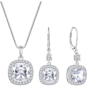Princess Cut Jewelry Set for Women 925 Sterling Silver Diamond April Birthstone Necklace Halo Dangle Drop Leverback Earrings Jewelry Gifts for Her