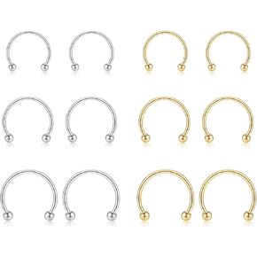 6 Pairs of Surgical Steel Nose rings Septum Horseshoe Hoop Eyebrow Lip Navel Belly Nipple Helix Tragus Daith Rook Captive Earrings Piercing Jewelry for Women Men