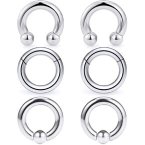 Ocptiy 6G 8G Large Septum Rings Silver PA Ring Surgical Steel Heavy Hinged Clicker Gauges Earrings Stretching kit Horseshoe Captive Bead Piercing Ring Thick Hoops Earrings for Women Men 12mm 16mm