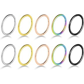 10PCS 16G 18G Nose Rings Hoops - 316L Surgical Steel Hinged Segment Rings - Lip, Cartilage, Helix, Conch, Tragus, Daith Piercing, Septum Clicker - Mixed Colors: Silver, Black, Gold, Rainbow, Rose Gold - 6mm, 8mm, 10mm, 12mm
