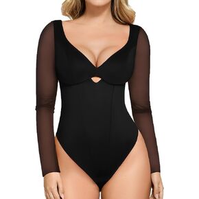 Popilush Shapewear Bodysuits for Women Tummy Control Long Sleeve Cutout Corset Tops Going Out V Neck Mesh Body Suits