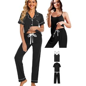 Womens 3Pcs Soft Pajama Sets Sexy Camisole Lingerie XS-4XL Knit Pajamas Set Sleepwear Pjs Nightwear Lounge Sets