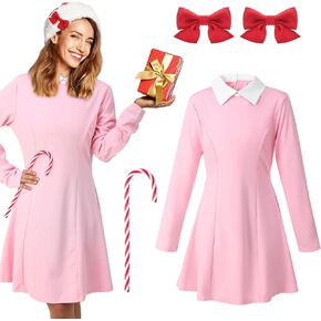Mepase 4 Pcs Christmas Pink Dress Who Costume for Women with Red Bow Hairpin Cane for Christmas Cosplay