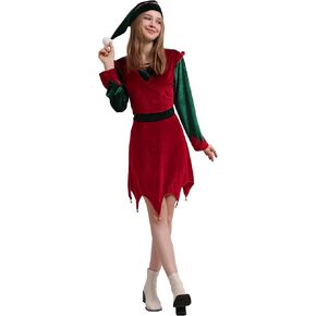 Christmas Elf Costume For Women Adult 2PCS Santa Helper Costume Suit Fancy Dress Outfit for Holiday Xmas Party