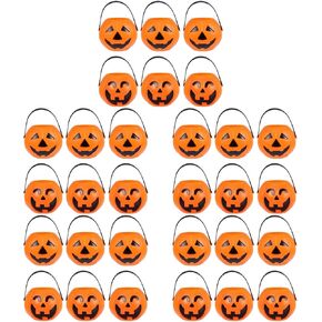 Toyvian 30 Pack Mini Pumpkin Buckets with Handle, Halloween Candy Holders Small Plastic Trick or Treat Bucket, Halloween Goodie Bags Storage Containers Bulk