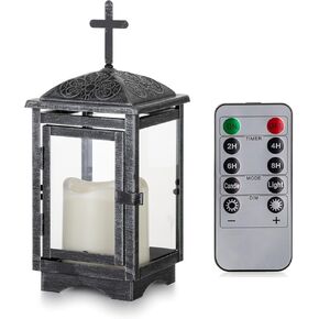 Grave Decorations for Cemetery: Black Lantern with LED Candle for Outdoor Grave Porch Garden Yard Indoor Table Shelf, Memorial Lantern Sympathy Gift for Loss of Loved One