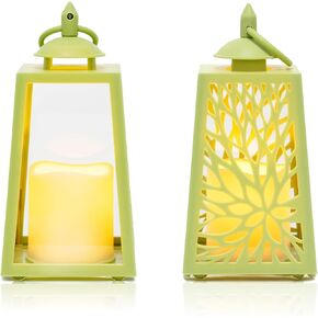 Rhytsing 8" Small Green Lanterns with LED Flameless Candles, Battery Powered Hanging Lanterns with Timer for Easter Spring Decoration - Set of 2