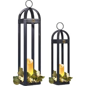HPC Decor Rustic Farmhouse Lantern Decor-2 Pack Tall 30“ Vintage Wooden Lanterns, Modern Candle Lanterns Decorative w/Light String &Garland for Indoor,Outdoor,Fireplace Mantle Decor,Extra Large Black