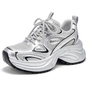 BEAU TODAY Womens Platform Fashion Sneakers, Chunky Leather Walking Shoes for Women, Casual Dress Comfortable Non-Slip Lace-up Mesh Running Gym Shoes