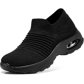 STQ Walking Shoes Women Breathable Slip on Tennis Shoes Black Sneakers with Arch Support