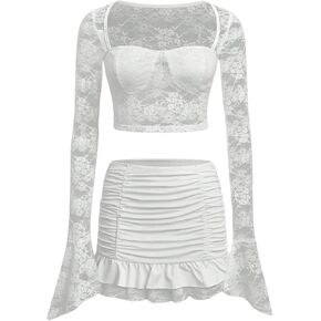 MakeMeChic Women's Two Piece Outfits Floral Lace Bell Sleeve Crop Top and Ruched Ruffle Tiered Mini Skirt Set