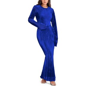 Two Piece Skirt Set for Women Long Sleeve Pleated Crew Neck Tops and High Wasit Bodycon Maxi Skirt Sets