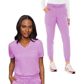 Med Couture Women's Scrub Set with V- Neck Scrub Top MC7448 and 2-Way Stretch Pants 7710, Lilac - M Top/M Tall Pant