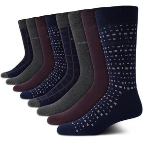 Calvin Klein Men's Crew Socks - 8 Pack Cotton Blend Performance Patterned Dress Socks - Athletic Socks for Men (7-12), Size 7-12, Navy Multi