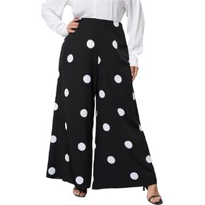 OYOANGLE Women's Plus Size Polka Dots Casual Wide Leg Palazzo Pants High Waist Long Pants Trousers