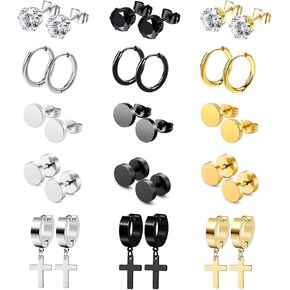 Aroncent 15 Pairs Mens Earrings Cross Earrings for Men Hoop Earrings Dangle Cross Earrings Fake Earrings CZ Stud Earrings for Men Women Stainless Steel Earrings aretes para hombre Set