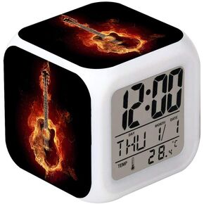 Led Alarm Clock Guitar Fire Rock Music Design Creative Desk Table Clock Glowing Electronic Colorful Digital Alarm Clock for Unisex Adults Kids Toy Birthday Present