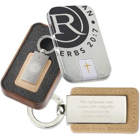 Christian Art Gifts Inspirational Scripture Metal Keychain for Men: Righteous Man - Proverbs 20:7 Silver and Brown Faux Leather Bible Verse Keychain Accessory with Split Metal Key Ring in Gift Tin