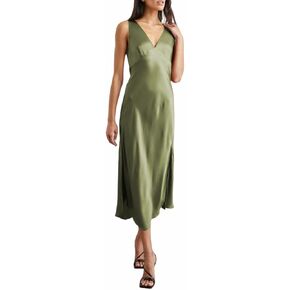 V Neck Satin Formal Midi Dress for Women Wedding Guest Cocktail Party 2024