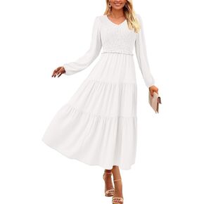 PRETTYGARDEN Womens Casual Smocked Midi Dress 2025 Spring Long Sleeve V Neck Tiered A Line Long Flowy Dress