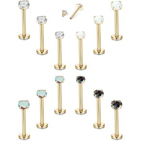 TEN MIRO 12PCS 16G Lip Rings Helix Tragus Earrings Stainless Steel Internally Threaded Labret Studs Cartilage 2/3/4MM Clear CZ/Opal Earrings Monroe Medusa Piercing Jewelry(Gold-8MM)