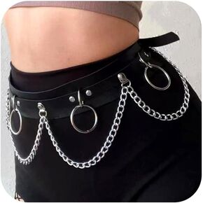 QWALIT Belt with Chain Punk Belts for Women Rave Belt Leather Chain Belt Punk Chain Belt Body Chain Belt Goth Accessories