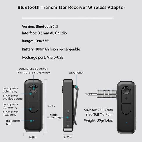 AMANKA Bluetooth Transmitter for TV Audio Bluetooth Adapter for Stereo Receiver Bluetooth Transmitter Receiver 2 in 1 Aux Bluetooth Adapter Low Latency for TV Laptop PC Wireless Headphones Speakers in Kuwait