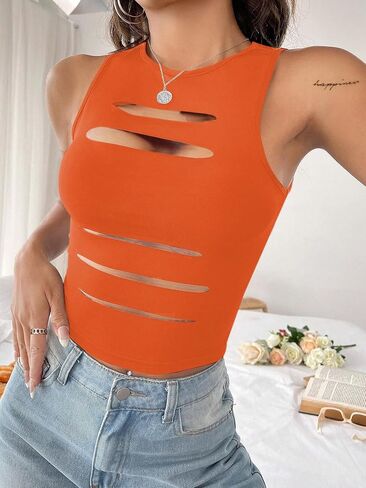 LovelyWholesale Women Sexy Cut Out Crop Tank Tops Crew Neck Summer Sleeveless Top in Kuwait