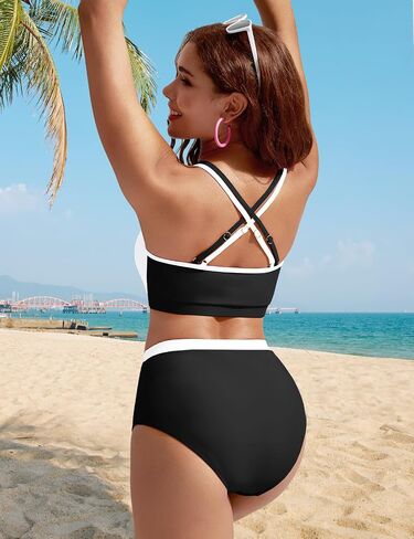 Kate Kasin Women High Waisted Bikini Set Color Block Swimsuits 2 Piece Sporty Tummy Control Bathing Suits in Saudi Arabia
