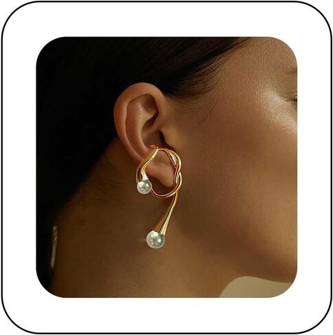 Punk Irregular Ear Cuff Earrings Gold Pearl Cuff Wrap Earrings Pearl Cartilage Cuff Earrings White Pearl Crawler Cuff Earrings Pearl Bead Earrings No Piercing Earrings Jewelry for Women in Kuwait