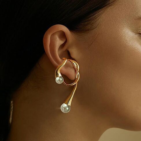 Punk Irregular Ear Cuff Earrings Gold Pearl Cuff Wrap Earrings Pearl Cartilage Cuff Earrings White Pearl Crawler Cuff Earrings Pearl Bead Earrings No Piercing Earrings Jewelry for Women in Kuwait